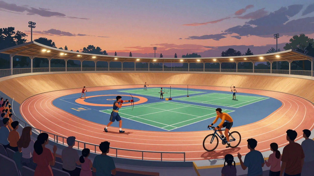 Multi-sport complex at dusk with athletes practicing hockey, boxing, and cycling under ambient lights.