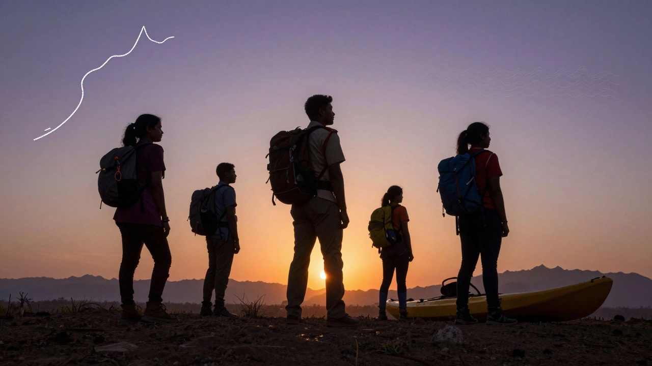 Silhouettes of Indian adventurers representing trekking, mountaineering, and kayaking against a sunset.