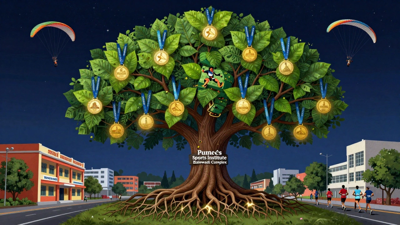 Symbolic tree representing Pune's sports culture with branches for adventure sports and medals.