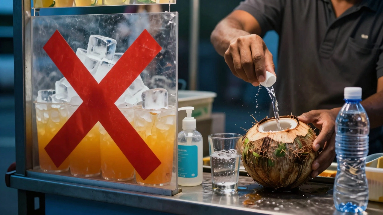 A split image showing unsafe ice and unsealed juice on one side, and a fresh coconut being opened safely on the other.