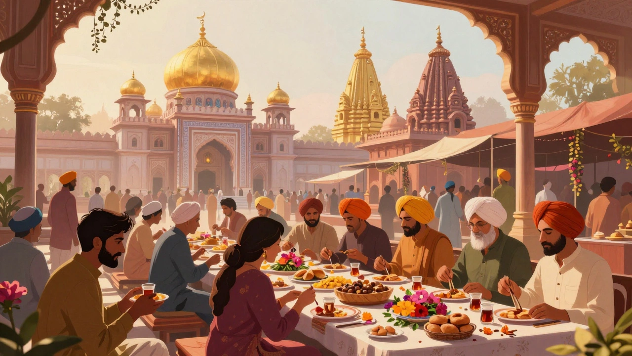A vibrant Indian marketplace where people of different faiths share meals at communal tables beneath blending religious architecture.