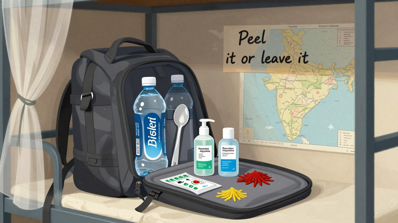 An open backpack on a hostel bunk containing bottled water, hand sanitizer, a foldable spoon, and oral rehydration salts.