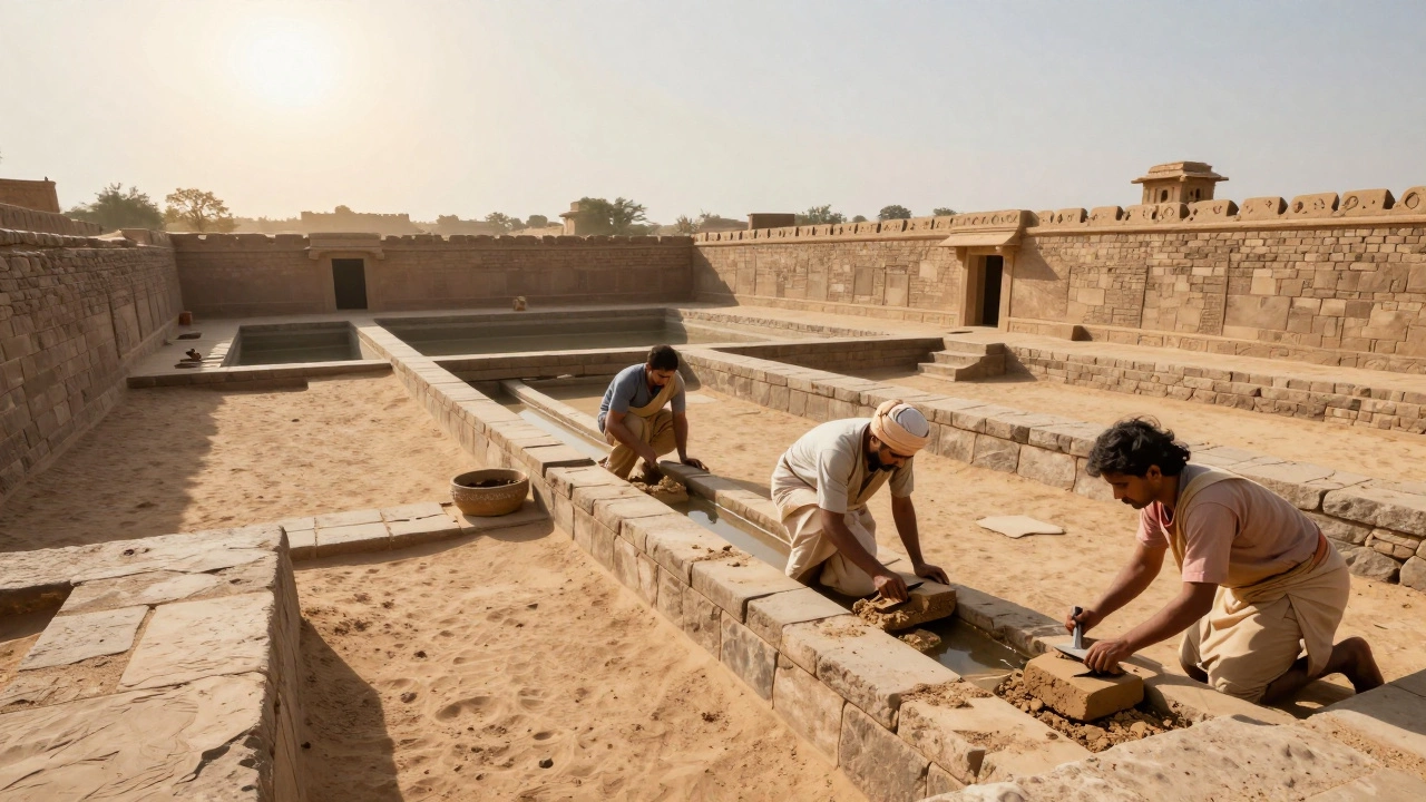 Ancient Harappan water reservoirs at Dholavira, with people restoring stone channels.