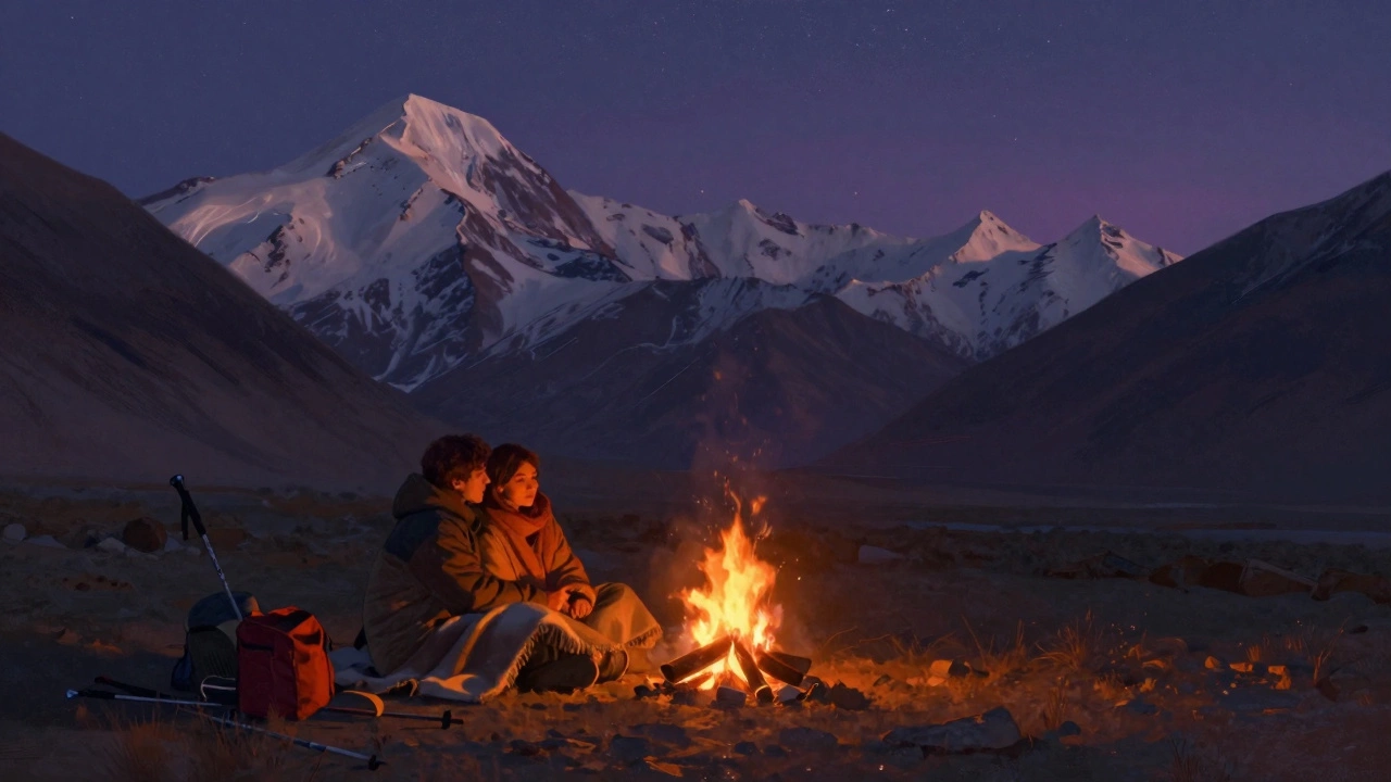 Couple sharing a campfire under starry mountains.