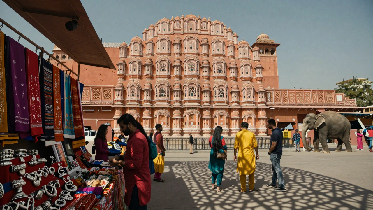 Jaipur's Hawa Mahal with tourists admiring colorful bazaars and elephant rides in the background.