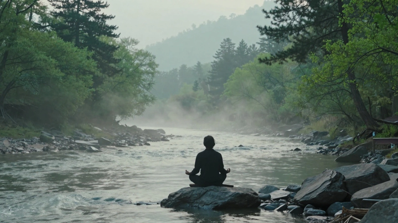 Silhouette meditating by flowing river with misty morning atmosphere