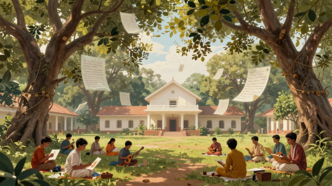 Students learning under trees at Santiniketan, with floating handwritten notes.