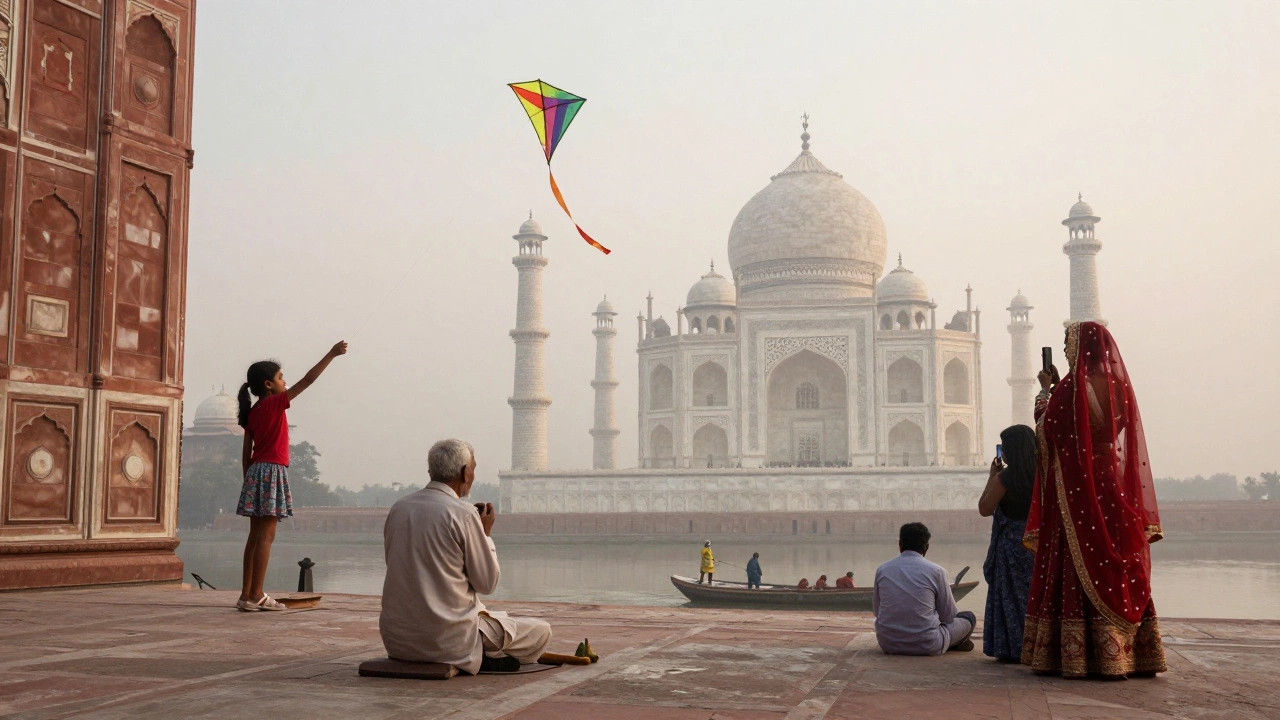 The Taj Mahal at sunrise, alive with daily life: a girl flies a kite, an elder sweeps, and a bride takes photos, blending heritage with living tradition.