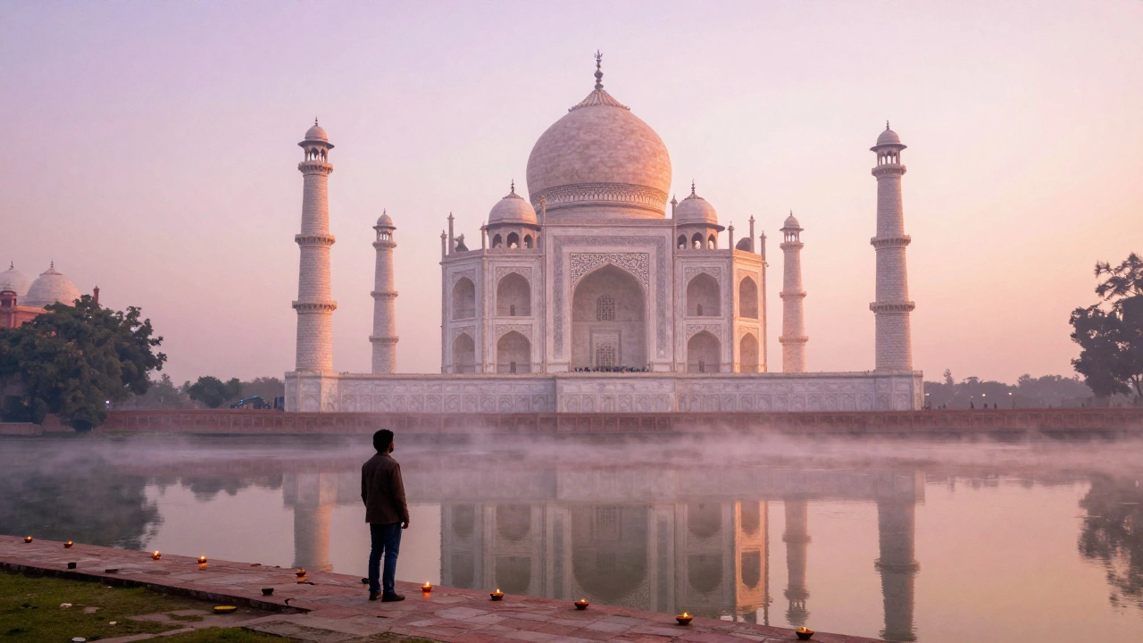 The Taj Mahal glowing at sunrise, reflected in the Yamuna River, with a solitary visitor in quiet awe.