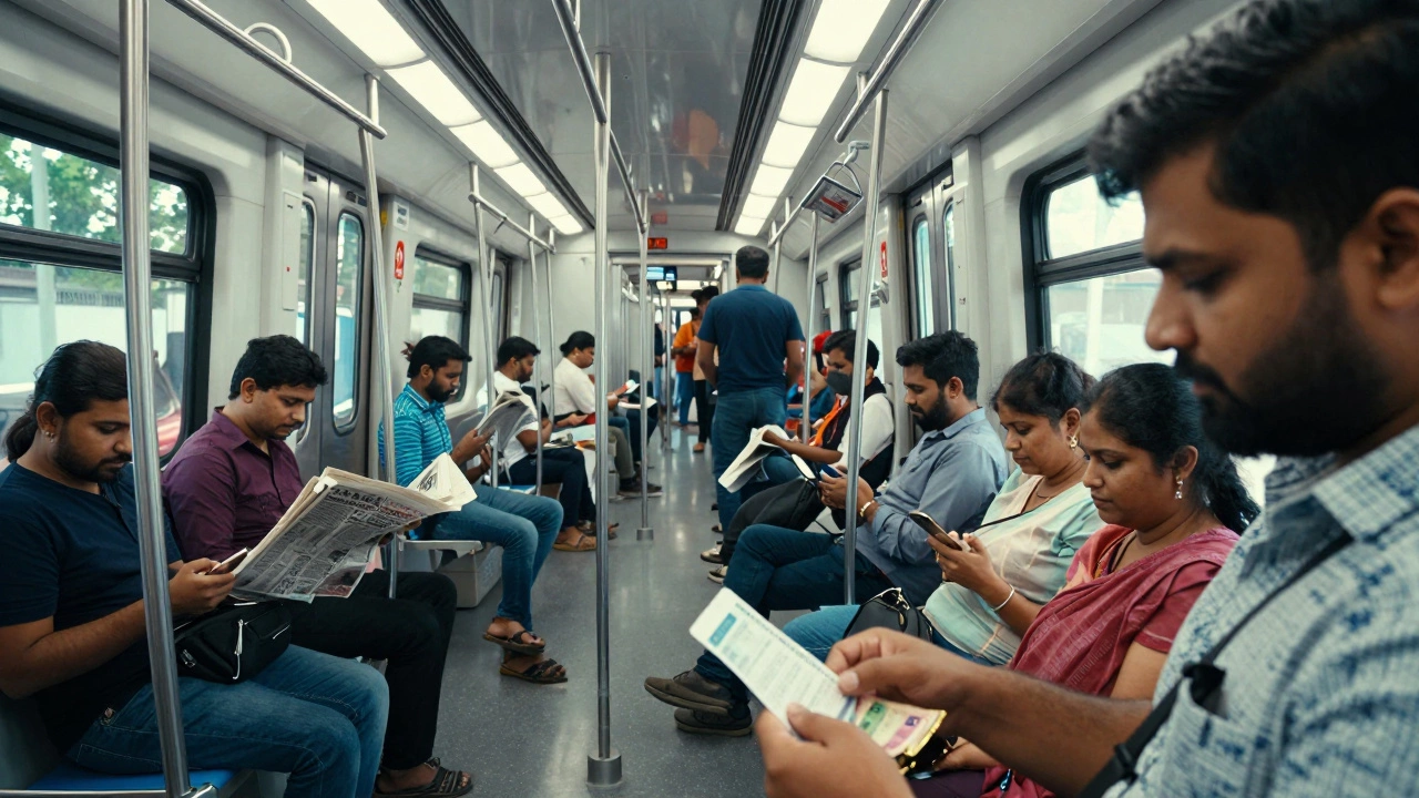 Travelers on Delhi metro train with tickets and rupee bills