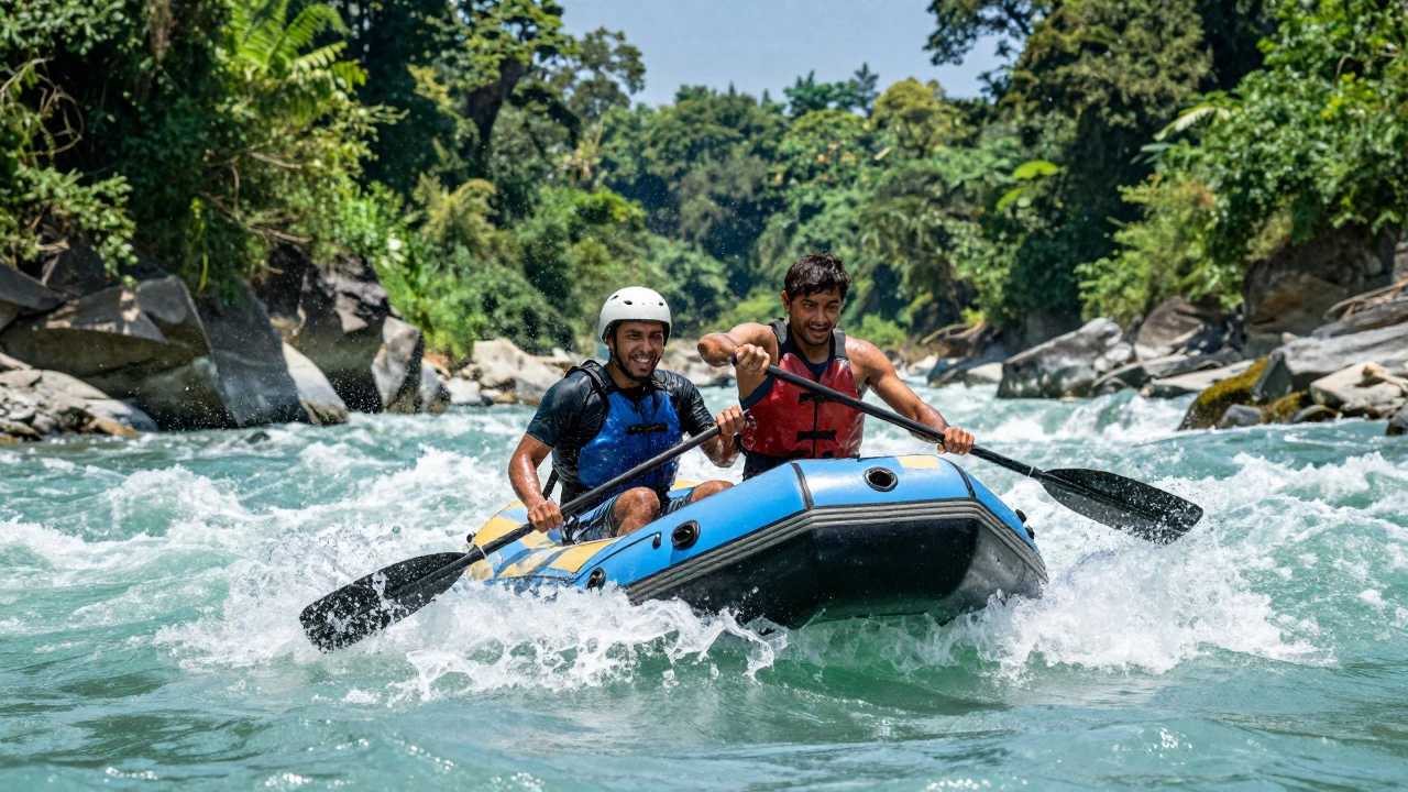 Two people rafting in turbulent river rapids.