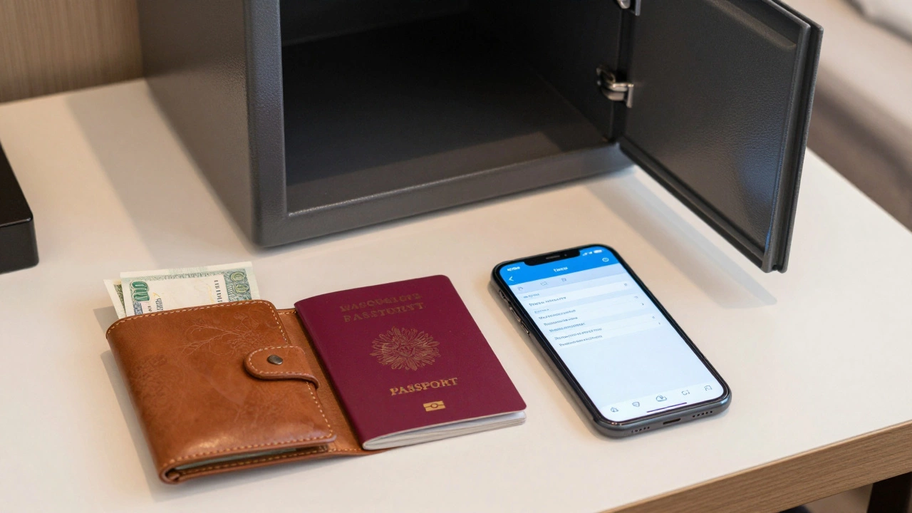 A traveler's wallet, passport, and phone with digital receipts next to a hotel safe.
