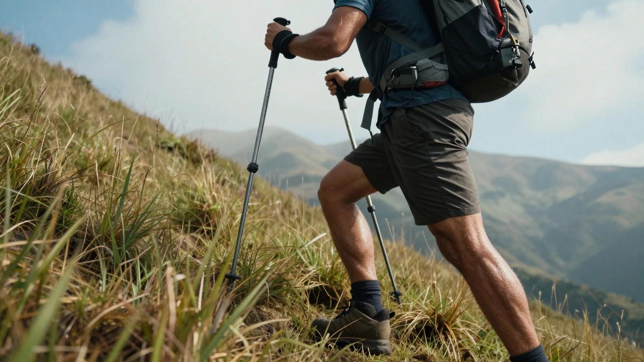 A trekker with a weighted pack and poles climbing a steep, grassy hill in the Indian mountains.