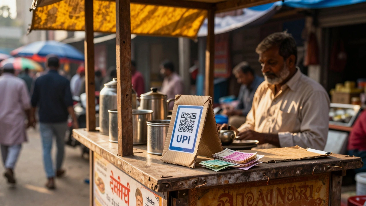 A UPI QR code and cash on a traditional Indian tea stall counter in a busy market.