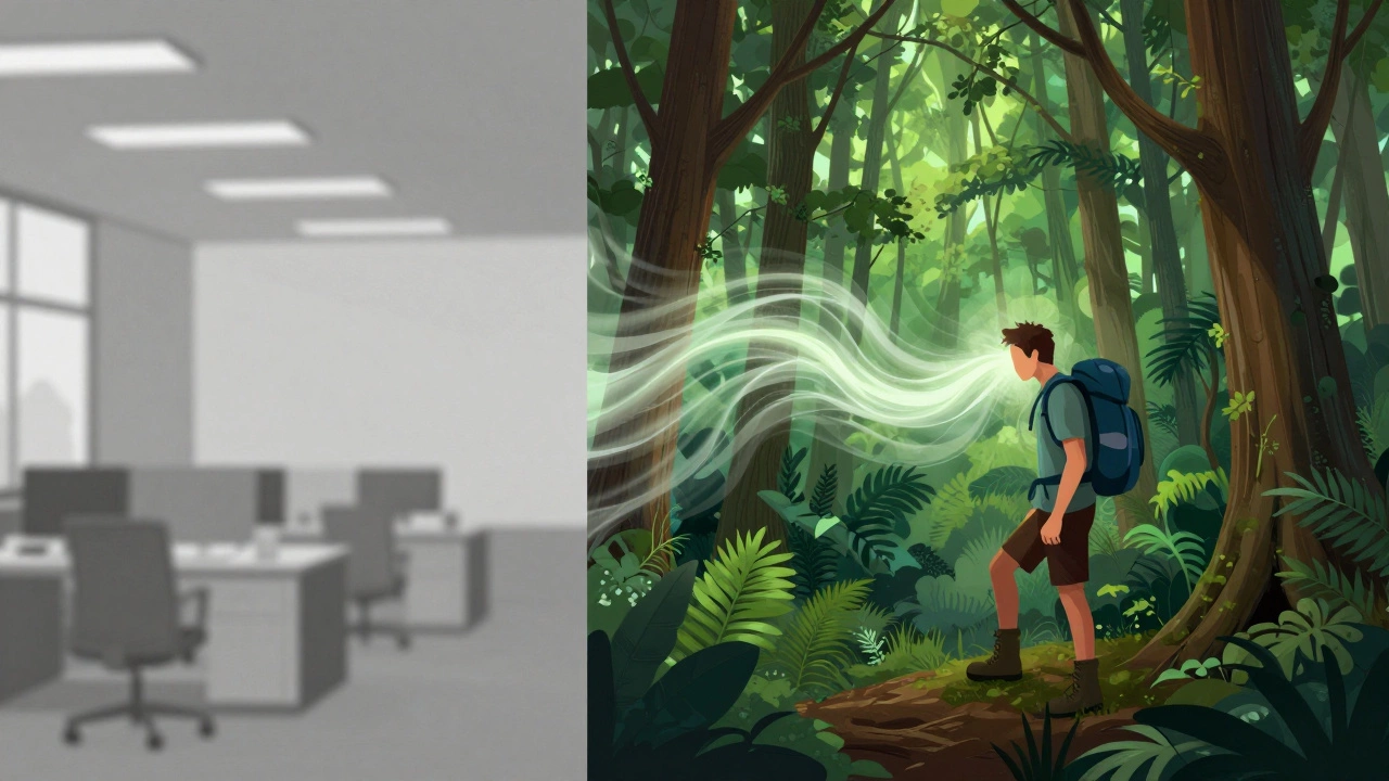 Conceptual art showing the transition from a stressful city environment to a calming green forest.