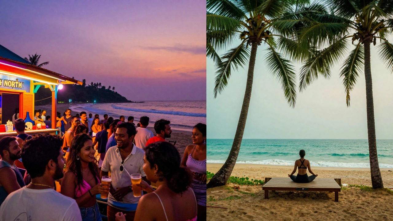 Contrast between a neon-lit North Goa beach party and a quiet South Goa yoga retreat.