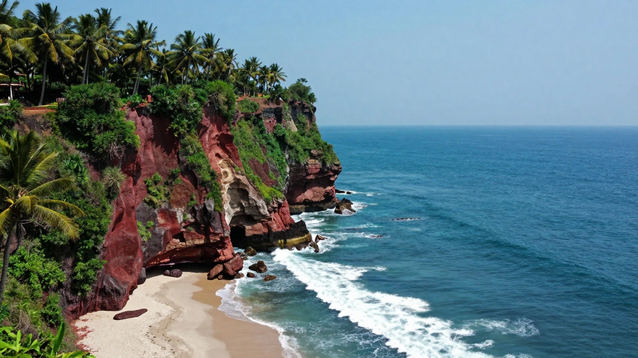 Dramatic red cliffs overlooking the turquoise ocean in Varkala, Kerala