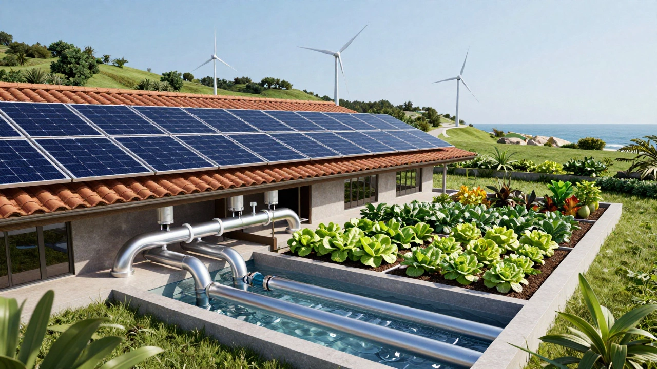 Eco-resort featuring solar panels, wind turbines, and a greywater recycling system.