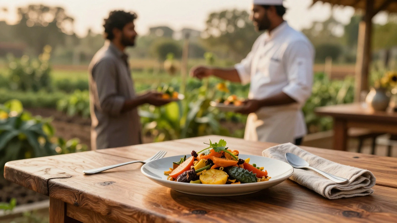 Farm-to-table meal on a hand-carved wooden table with an organic garden background.