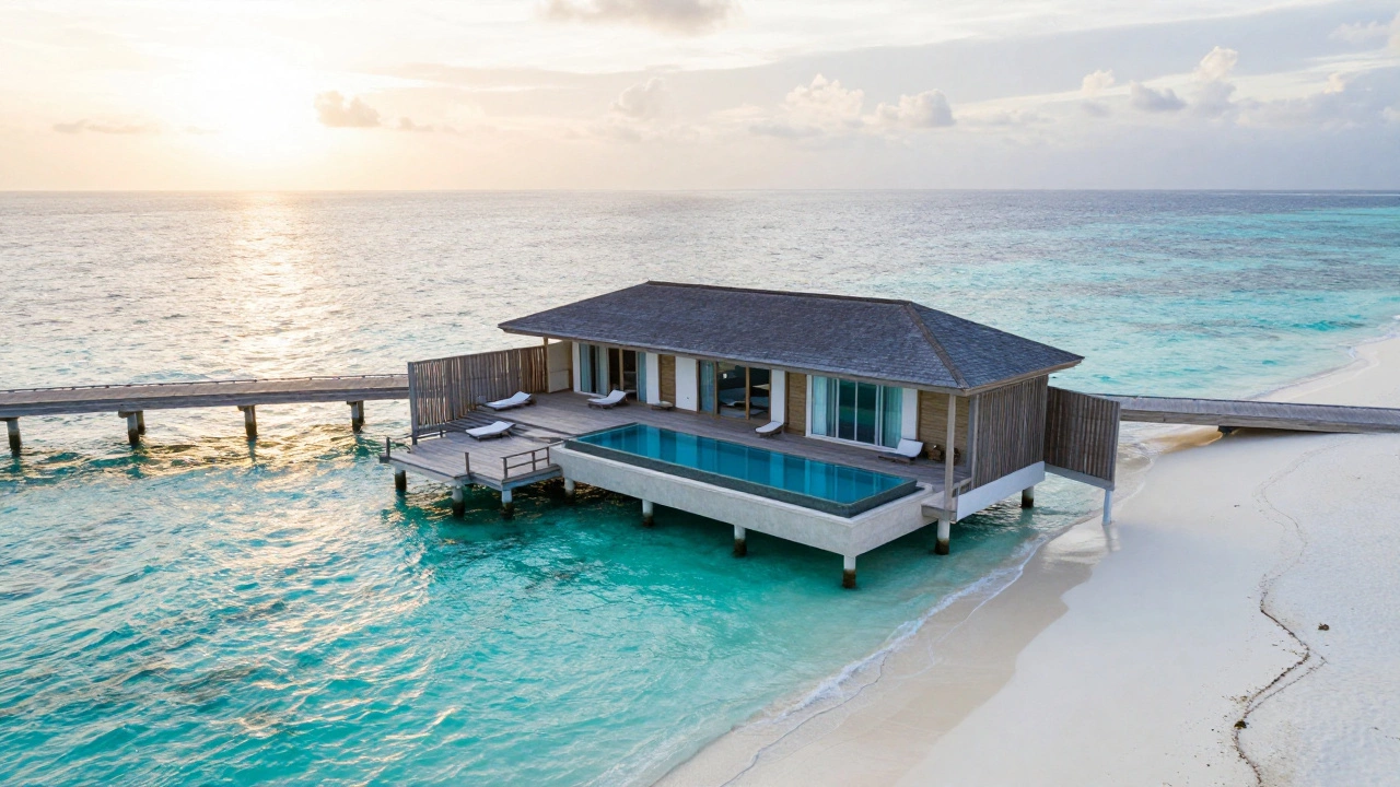 Luxury overwater villa with a private pool in the Maldives at sunset