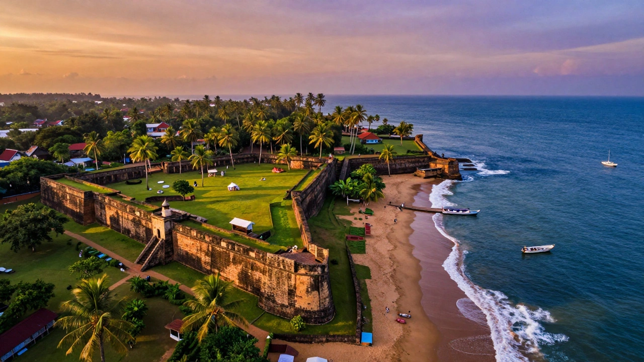 Aerial sunset view of Galle Fort coastal walls and ocean in Sri Lanka