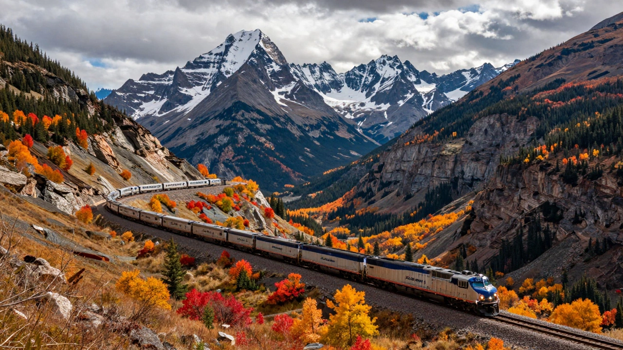 Amtrak Empire Builder train winding through colorful autumn Rocky Mountains