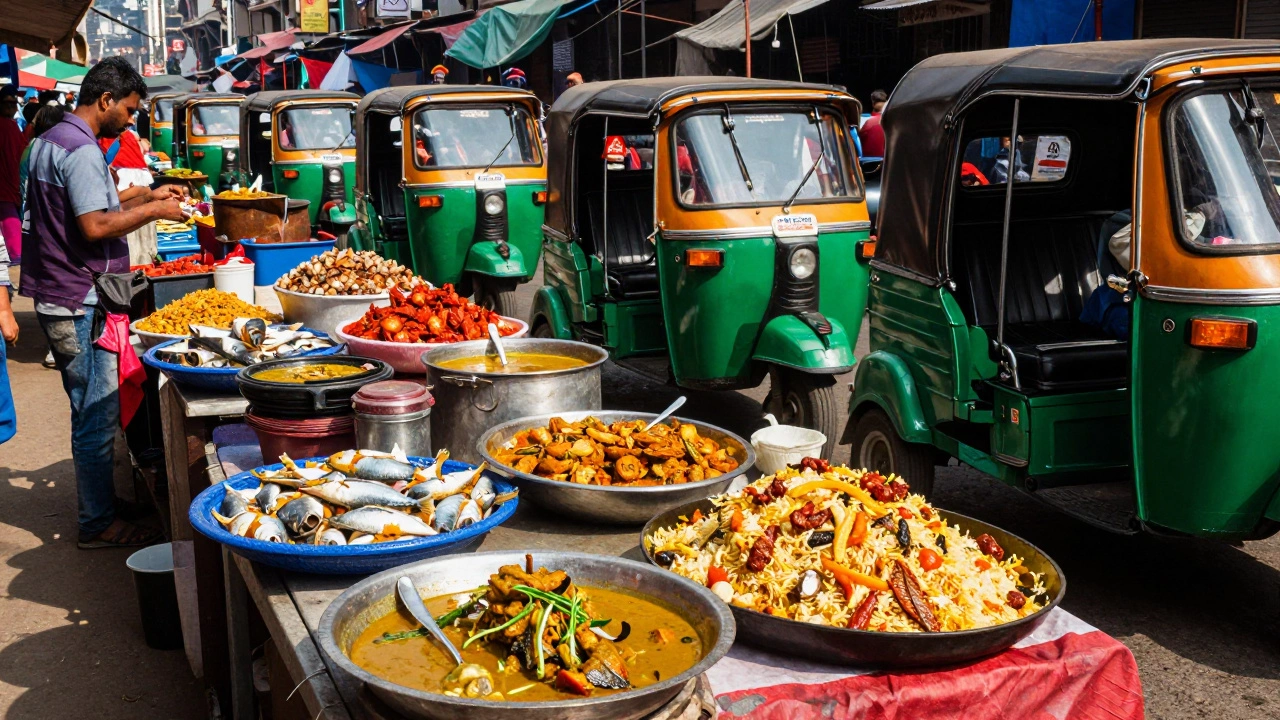 Bustling street food market in Dhaka with auto-rickshaws and local cuisine
