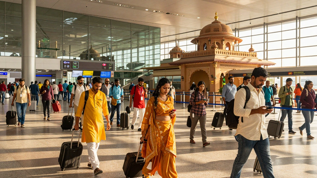Busy Indian airport terminal with travelers during peak season