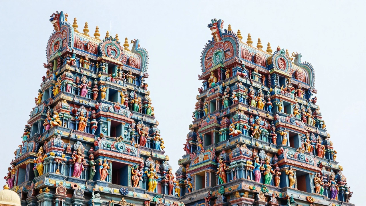 Colorful stucco sculptures on the towering gopurams of Meenakshi Amman Temple