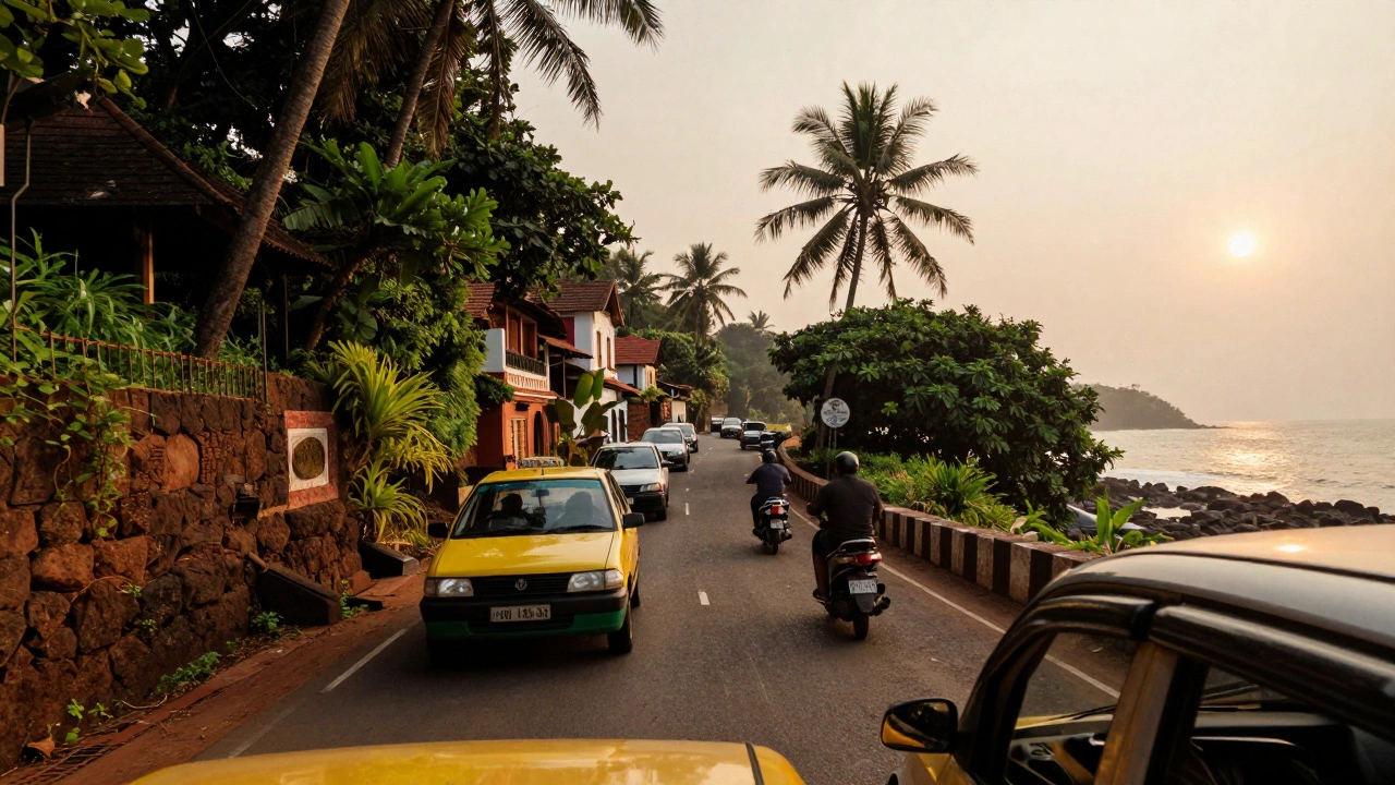 Congested narrow road in Goa with taxis and scooters at sunset