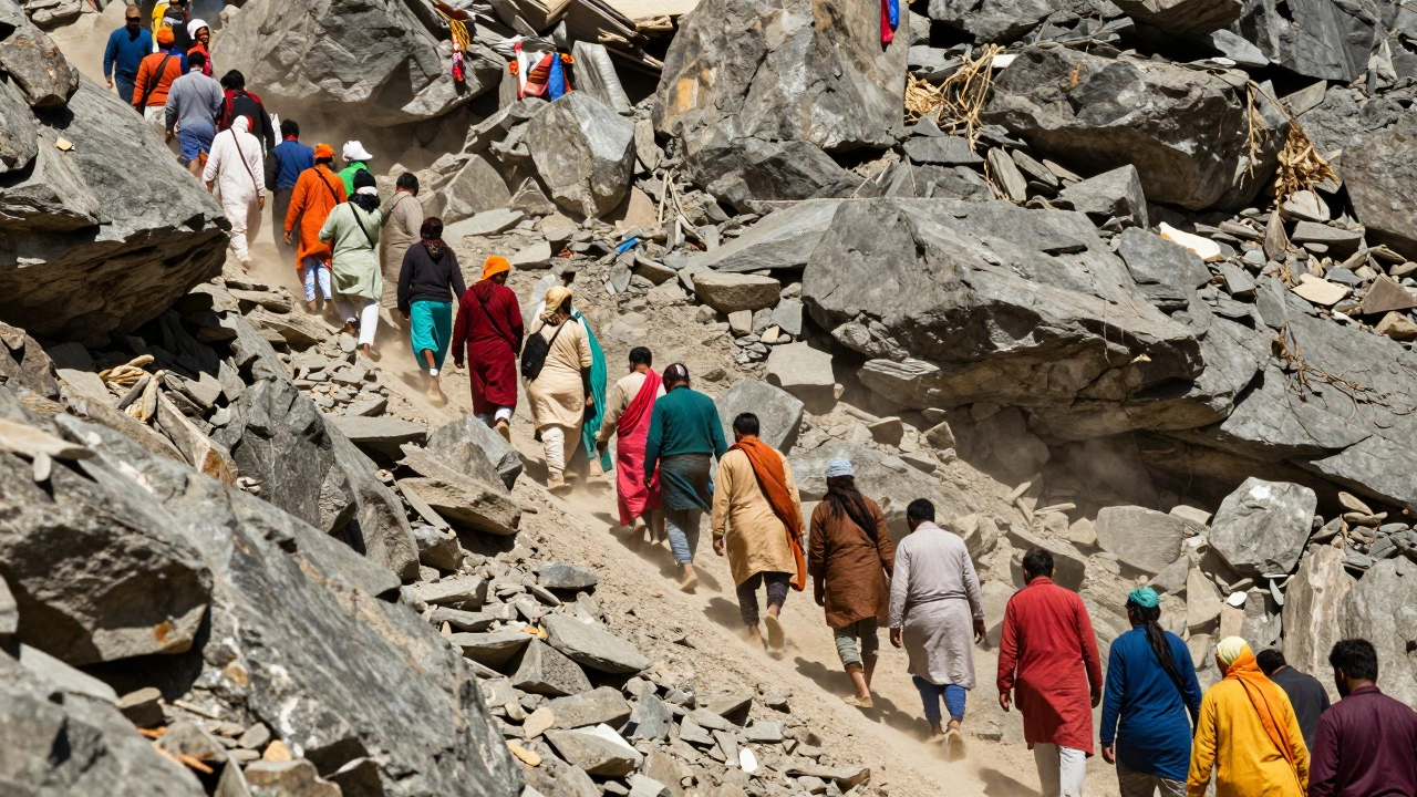 Crowded rocky path during Amarnath Yatra pilgrimage
