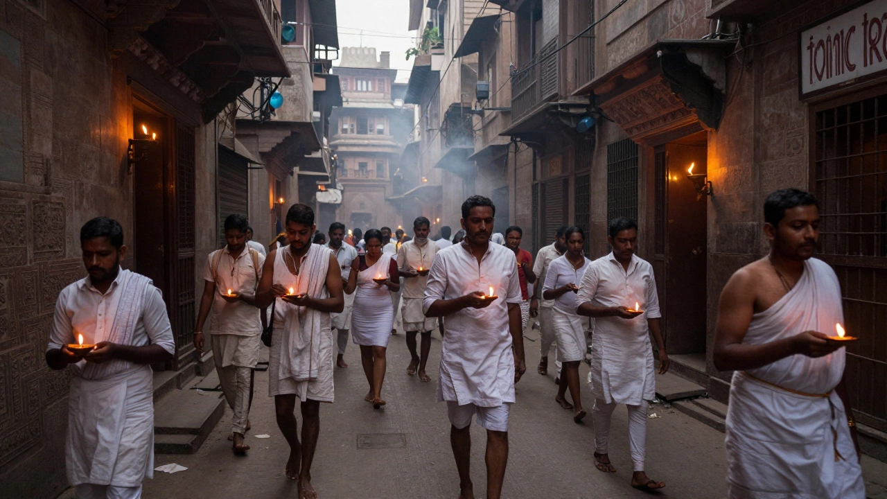 Devotees walking barefoot through Varanasi streets at night