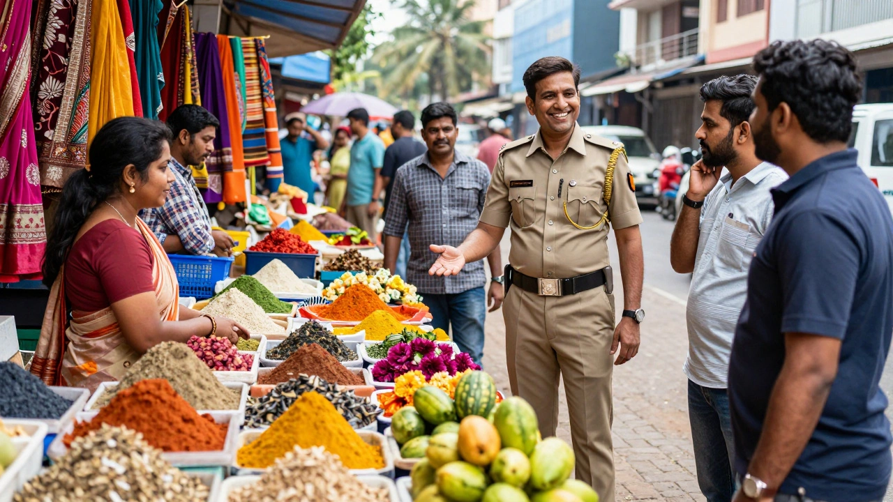 Friendly police officer helping a tourist in a vibrant, safe market street in Kochi, India.