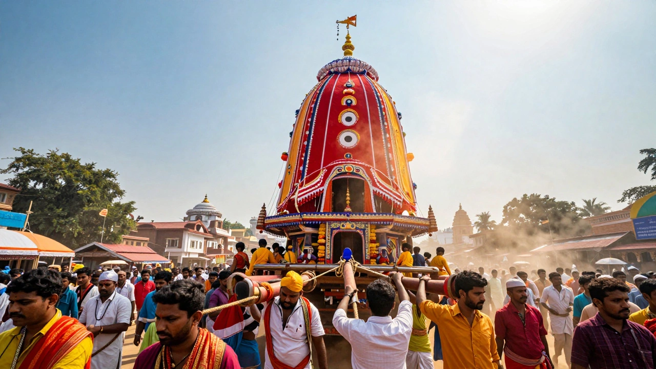 Giant wooden chariot pulled by crowds during Rath Yatra