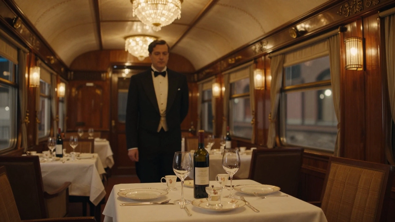 Opulent dining car interior with crystal chandeliers and formal service