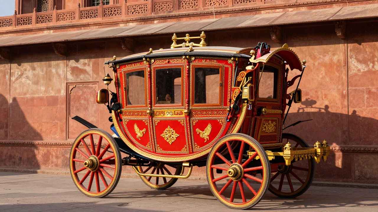 Ornate Maharajas Express train carriage with Indian royal architectural details