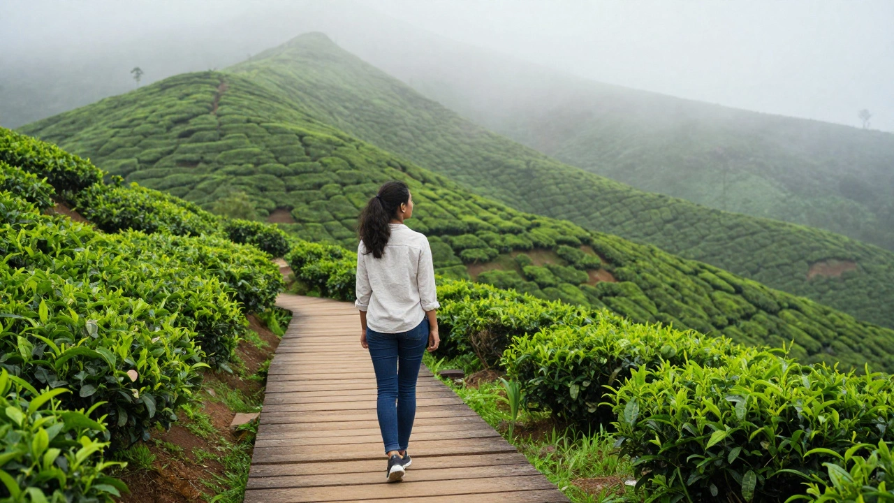 Solo female traveler enjoying a scenic view from a marked trail in Munnar's tea plantations.