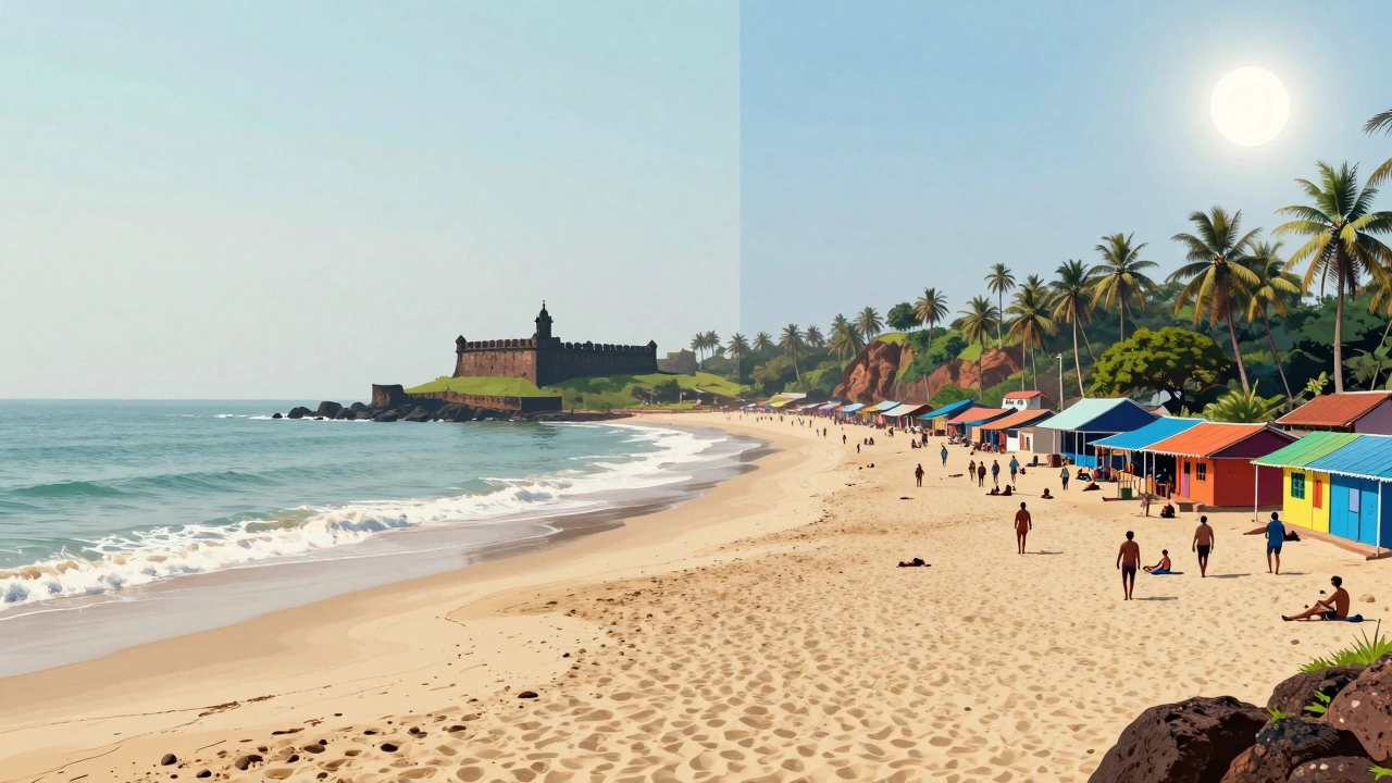 Split view contrasting quiet South Goa beach with lively North Goa coast