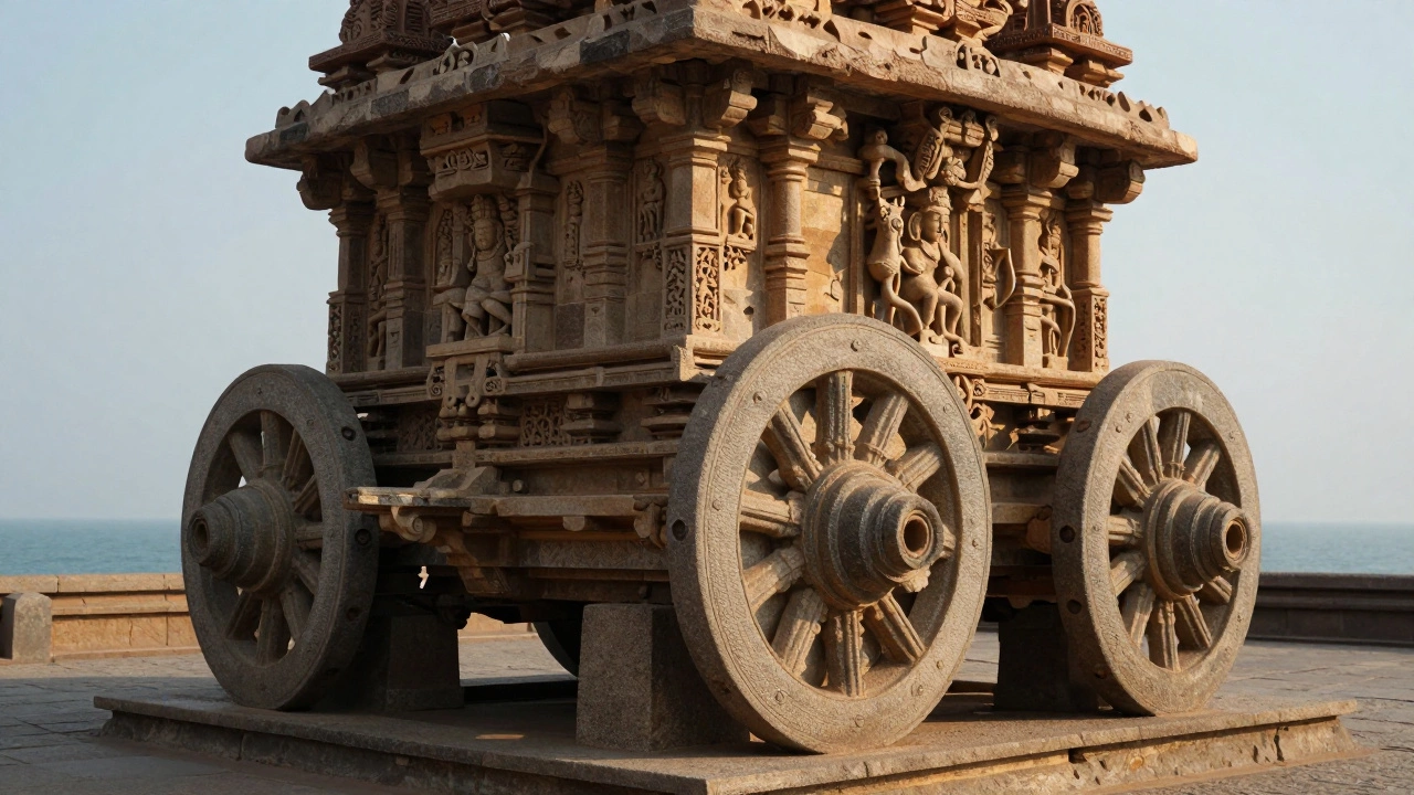 Stone chariot wheels of Konark Sun Temple casting shadows near the sea