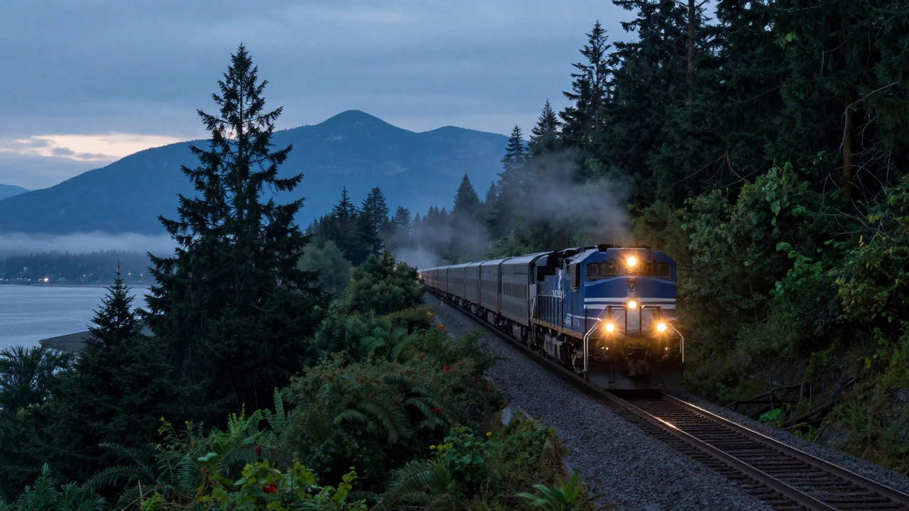 Train traveling through misty rainforest towards mountains and water at dusk