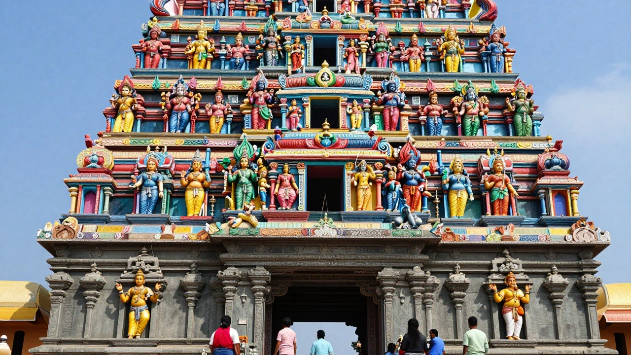 Colorful sculpted gateway tower of Meenakshi Temple