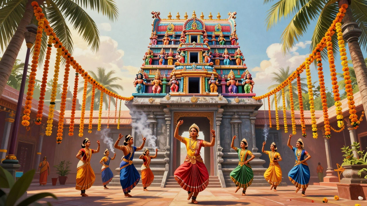 Colorful South Indian temple tower with dancers
