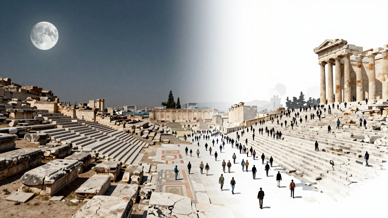 Conceptual art showing crowd impact on ancient ruins