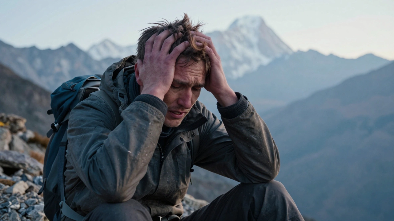 Exhausted hiker suffering from altitude sickness on ridge
