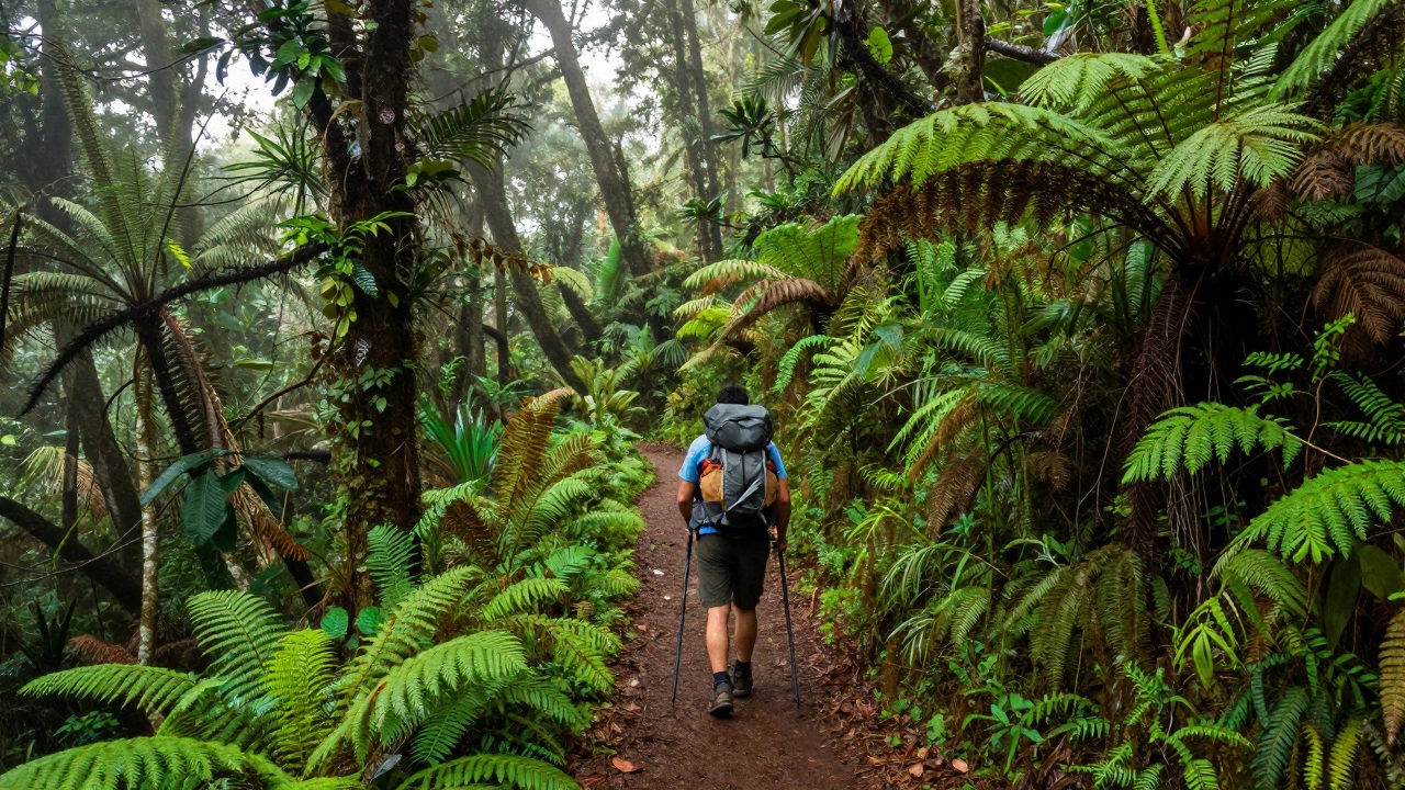 Hiker on lush green trail in Western Ghats rainforest