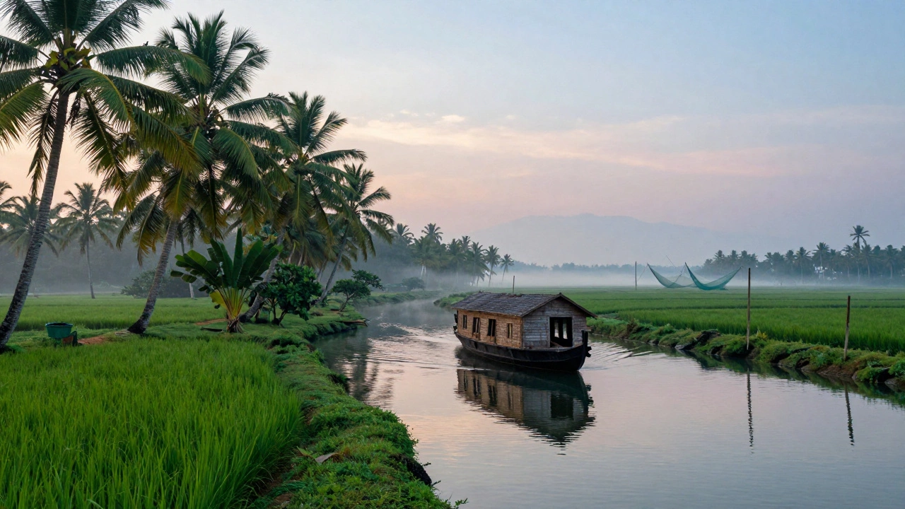 Houseboat drifting through misty Kerala backwaters with coconut trees