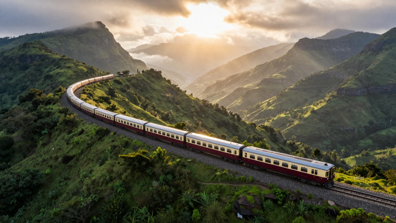 Luxury heritage train traveling through scenic Indian mountains during sunset.