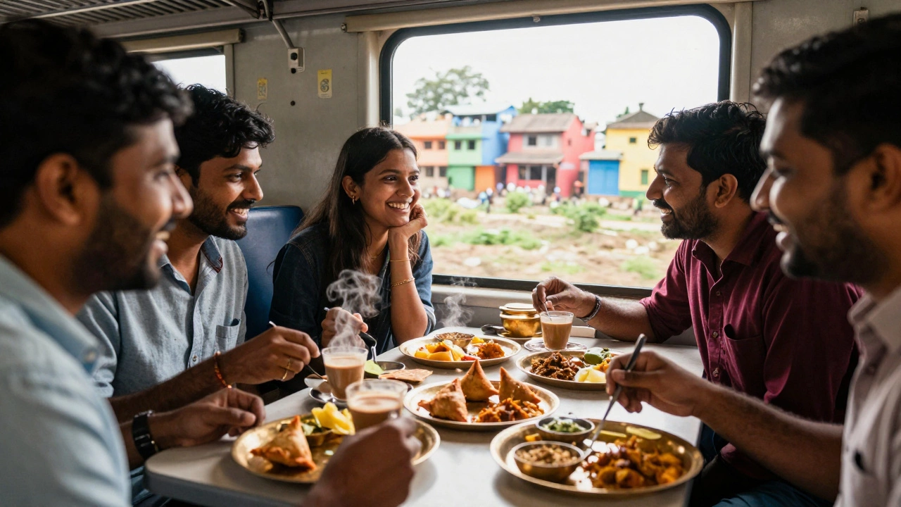 Passengers enjoying Indian food and conversation in a train dining car.