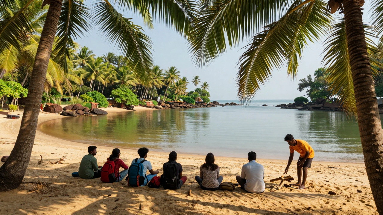 Secluded golden beach with palm trees and eco-conscious visitors at Gokarna, Karnataka