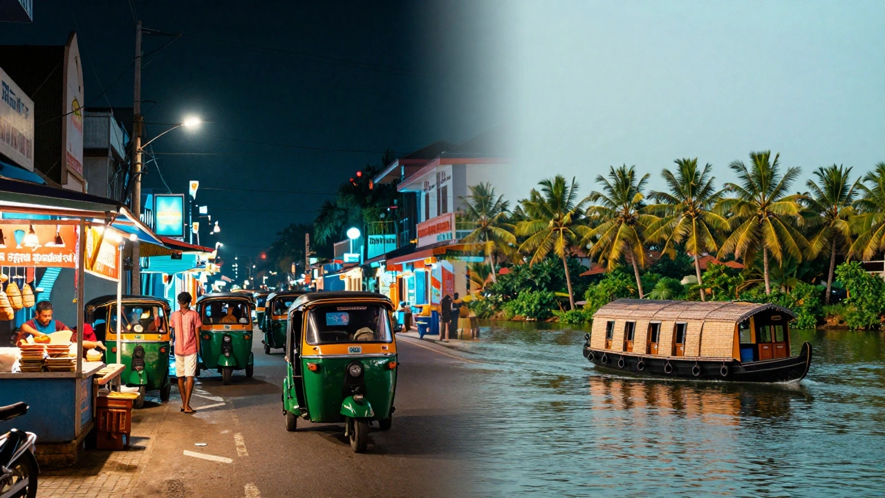Split view of Mumbai streets and Kerala backwaters